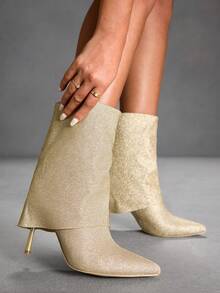 CUCCOO SZL Women's Pointed Toe High Heel Boots, Glitter Fabric Design, Fashionable, Comfortable For Daily, Party, And Banquet, Side Zipper Closure