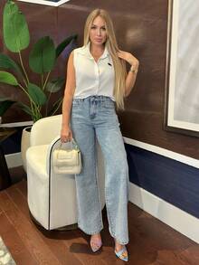 Cioccolato Camisa casual sin mangas con botones delanteros y estampado para mujer, para uso diario