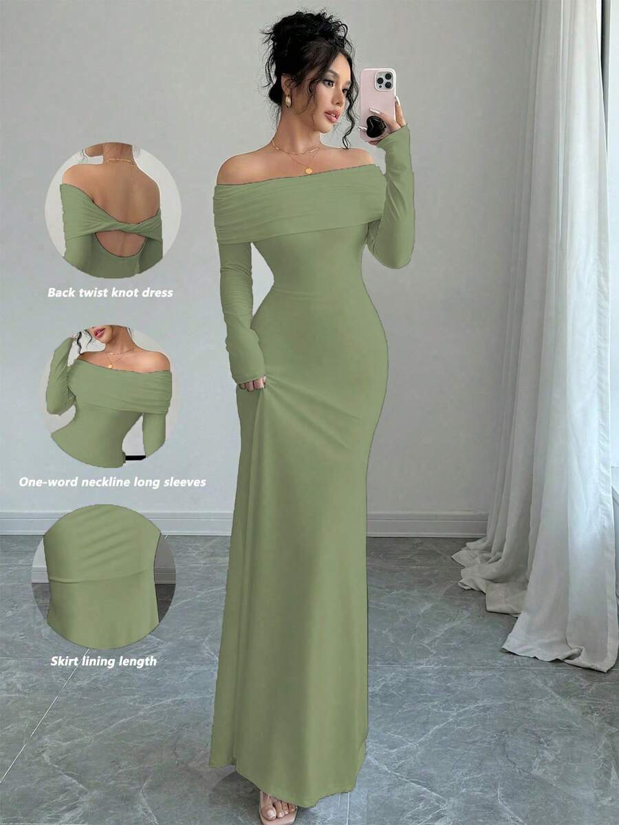 Rafferiza 性感优雅修身长袖束腰双层露肩扭背鱼尾下摆罗纹针织连衣裙，白色，秋冬 - 灰綠 - 查看 1