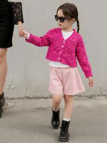 SHEIN Playful Pals 年轻女孩开衫，时尚新款可爱手工花卉针织长袖毛衣外套，秋冬 - 玫紅色 - 查看 11
