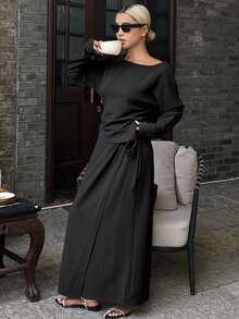 DAZY Bộ 2 chiếc áo dài tay xếp ly màu trơn thanh lịch đơn giản và chân váy viền bất đối xứng dành cho nữ, mùa thu/đông - màu đen - Xem 1