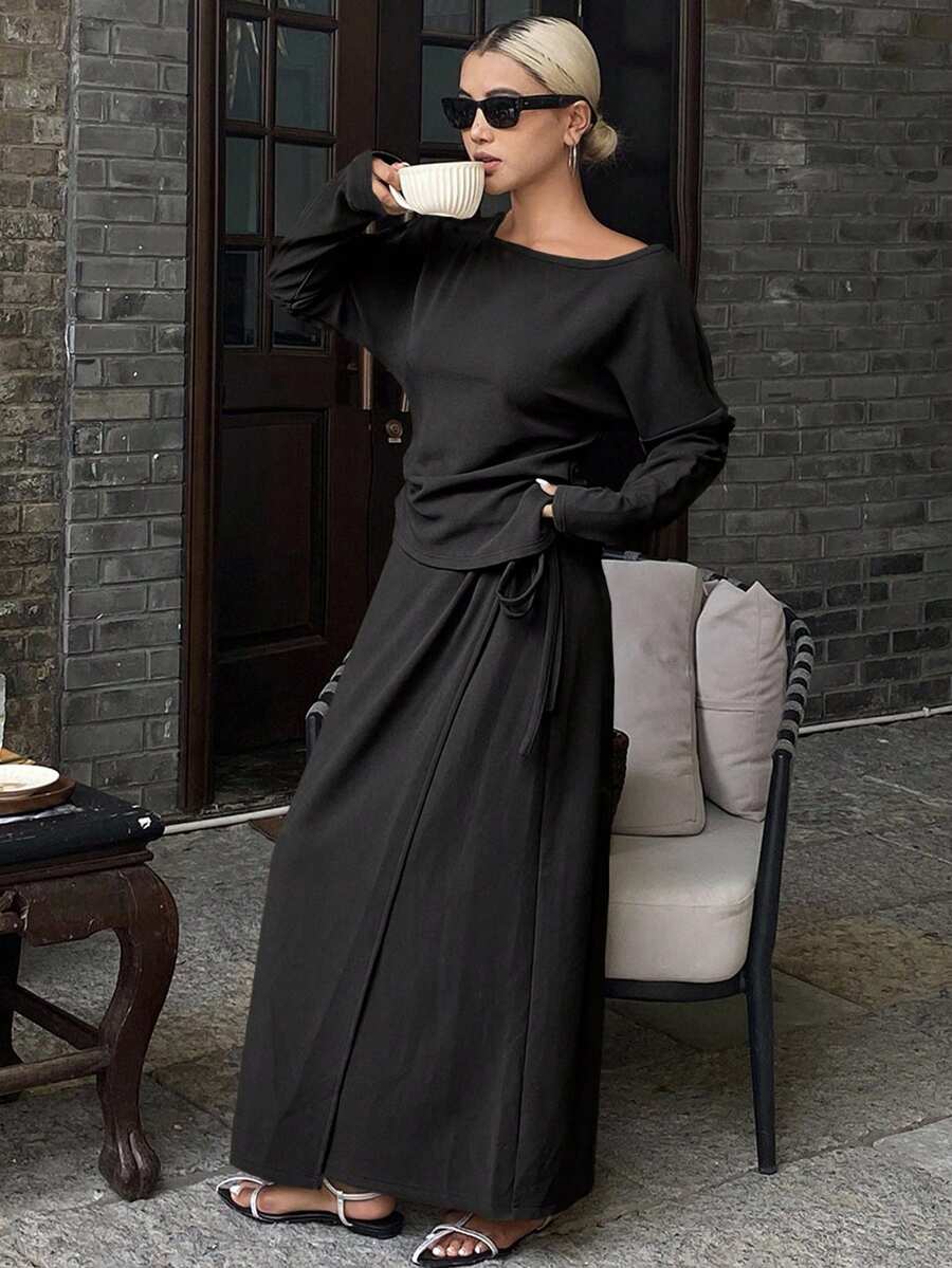 DAZY Bộ 2 chiếc áo dài tay xếp ly màu trơn thanh lịch đơn giản và chân váy viền bất đối xứng dành cho nữ, mùa thu/đông - màu đen - Xem 1