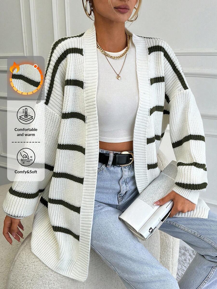 SHEIN Women'S Striped Cardigan With Drop Shoulder - Dark Green - View 1