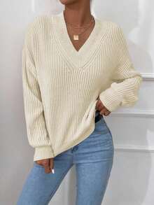 EURMUSE Cổ v Thả vai Áo len - Màu be - Xem 3