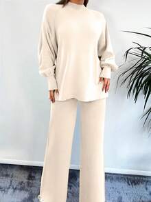 EURMUSE Mock Neck Raglan Sleeve Sweater & Knit Pants Without Belt - Beige - View 4