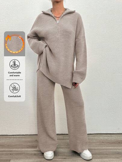 EURMUSE 2pcs Women's Solid Color Zip Half Placket Drop Shoulder Sweater & Knitted Pants Casual Outfit, Autumn Winter