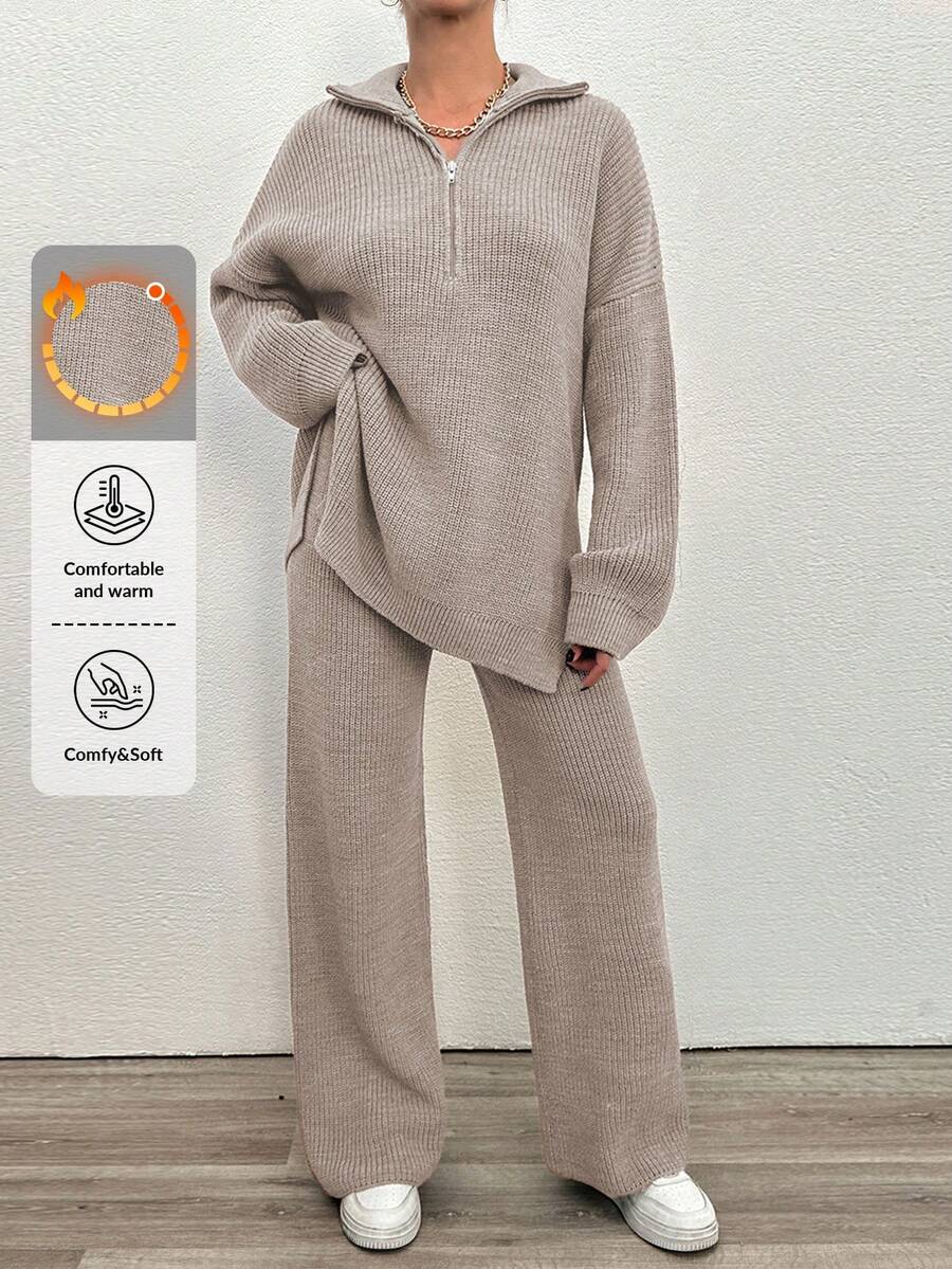 EURMUSE 2 件女式纯色拉链半襟落肩毛衣和针织裤休闲装,秋冬 - 米色 - 查看 1