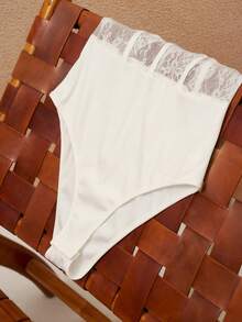 INAWLY Women's Round Neck White Lace Patchwork Long Sleeve Bodysuit - White - View 6