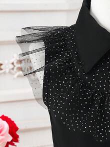 SHEIN Glamorique Kids 年轻女孩/年轻女孩的黑色翻领网眼连衣裙，深色风格适合万圣节、派对和日常穿着、场合穿着 - 黑色 - 查看 5