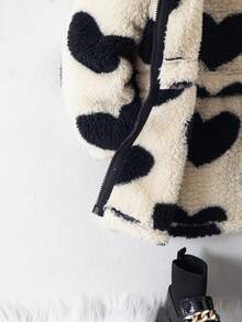 SHEIN Elladie kids 年轻女孩 1 件毛绒保暖经典街头风格连帽长袖外套年轻女孩蓬松外套 - 卡其色 - 查看 5