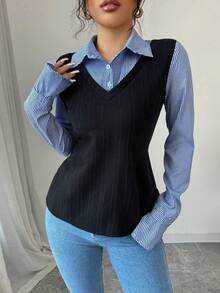Elenzga Áo thun dài tay kẻ sọc tương phản thường ngày cho nữ, mùa thu - Màu xanh hải quân - Xem 6
