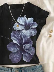 Tween Girl Floral Print Round Neck Short Sleeve T-Shirt, Summer Top - Black - View 3