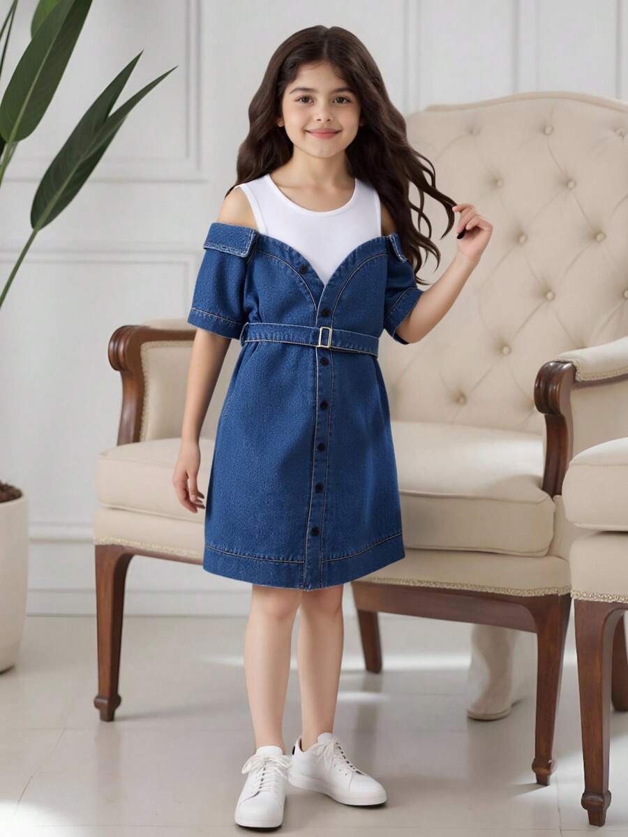 Tween Girls' Casual Color Block Spliced 2 In 1 Dress, Summer - Dark Wash - View 1