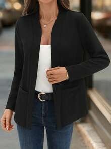 SHEIN Clasi Women's Collarless All-Match Solid Elegant Minimalist Versatile Comfortable Red Regular Jacket In Fall/Winter - Black - View 6