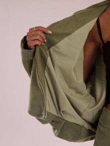 SHEIN BAE Women's Regular Faux Suede Long Sleeve Single Breasted Loose Casual Jacket, For Spring, Women's Pocket Metal Button Short Military Green Jacket Suitable For Spring And Autumn