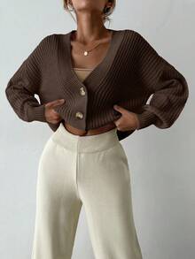 1pc Women Front Button Long Sleeve Solid Color Casual Simple Top, Daily Wear - Brown - View 3