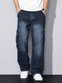 Manfinity Homme 男士工装口袋阔腿宽松休闲牛仔裤 - 藍色 - 查看 8