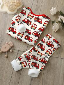 SHEIN Baby Jungen Lässig bequemer süßer Stil Cartoon Auto Muster eng anliegende Langarm Rundhals Hose Pyjamas, geeignet für Herbst/Winter