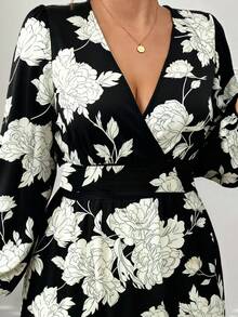 Elenzga Plus Size Women Floral Print Elegant Crossover Neck Ruched Puff Sleeve Long Dress