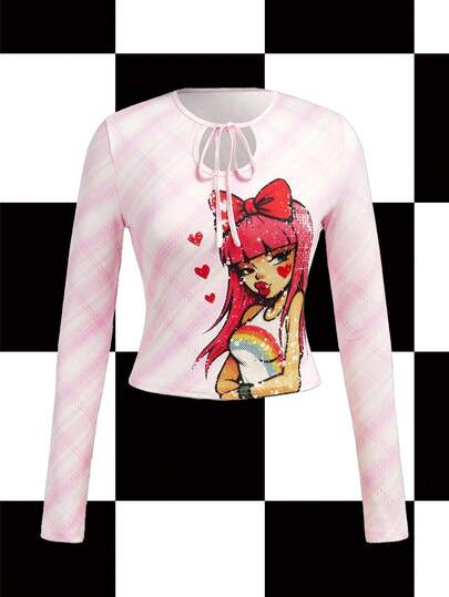 Y2Kool Maria Clara Maia Y2K-Stil kariertes Pixel-Cartoon-Element, Herz- und Schleifen-Kontrastfarb-Orientelemente, kurzer ausgeschnittener Langarm-Schnürung-Oberteil, Lässig geeignet für Herbst/Winter-Partys, Alltagsoutfit-Idee, Anime-Frauenkleidung, süßes Langarm-Oberteil, Kawaii-Oberteil, Fairycore-Oberteil, Anime-Kleidung, stilvolle Bekleidungskollektion, Neujahrskostüme
