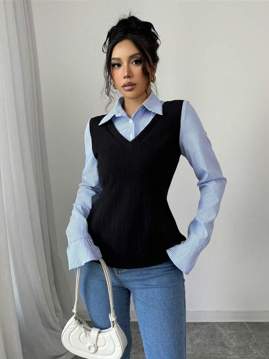 Elenzga Áo thun dài tay kẻ sọc tương phản thường ngày cho nữ, mùa thu - Màu xanh lam - Xem 1