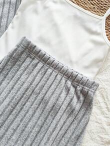 Vintaside Kids 3 件套休闲宽松纹理面料长袖上衣、吊带背心和 A 字裙套装，适合少女 - 淺灰色 - 查看 6