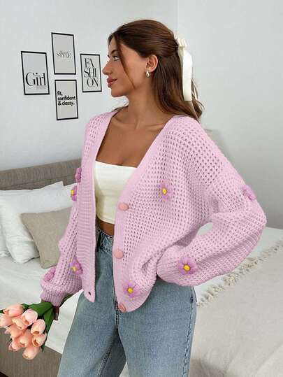 Ręcznie robiony haftowany kardigan z kwiatowym wzorem, swobodny na jesień/zimę