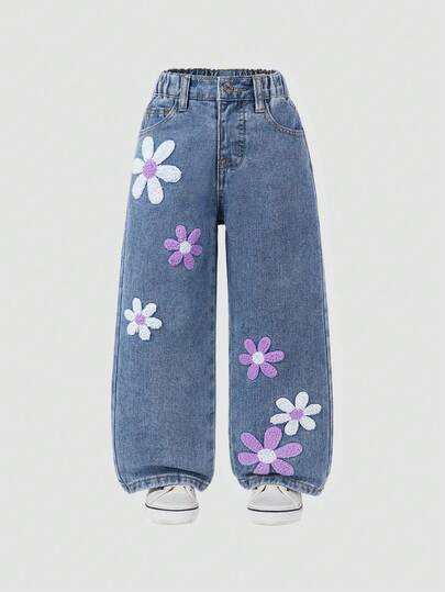 Young Girl Floral Flocking Pocket Wide Leg Loose Casual Jeans, 90s