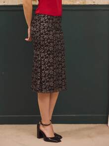 lacRébo Black Fitted Midi Skirt In Metallic Floral Lace Chic Party Skirt Evening Skirt Business Casual Skirt Shiny Skirt Autumn Winter - Black - View 6