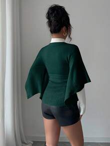 Elenzga Women's Solid Color Round Neck Bell Sleeve Knotted Waist Fashionable Sweater, Autumn/Winter - Dark Green - View 2