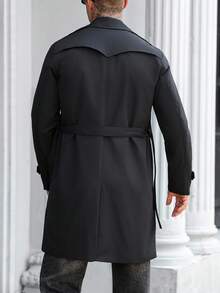 Manfinity Mode 男士加大码街头风黑色纯色防静电双排扣宽松风衣，休闲风衣，男友/老公礼物，周年纪念礼物，男士长款外套，男士大衣，双排扣风衣，男士黑色风衣，暗黑学院风男士风衣，男士外套，男士秋季系列 - 黑色 - 查看 2