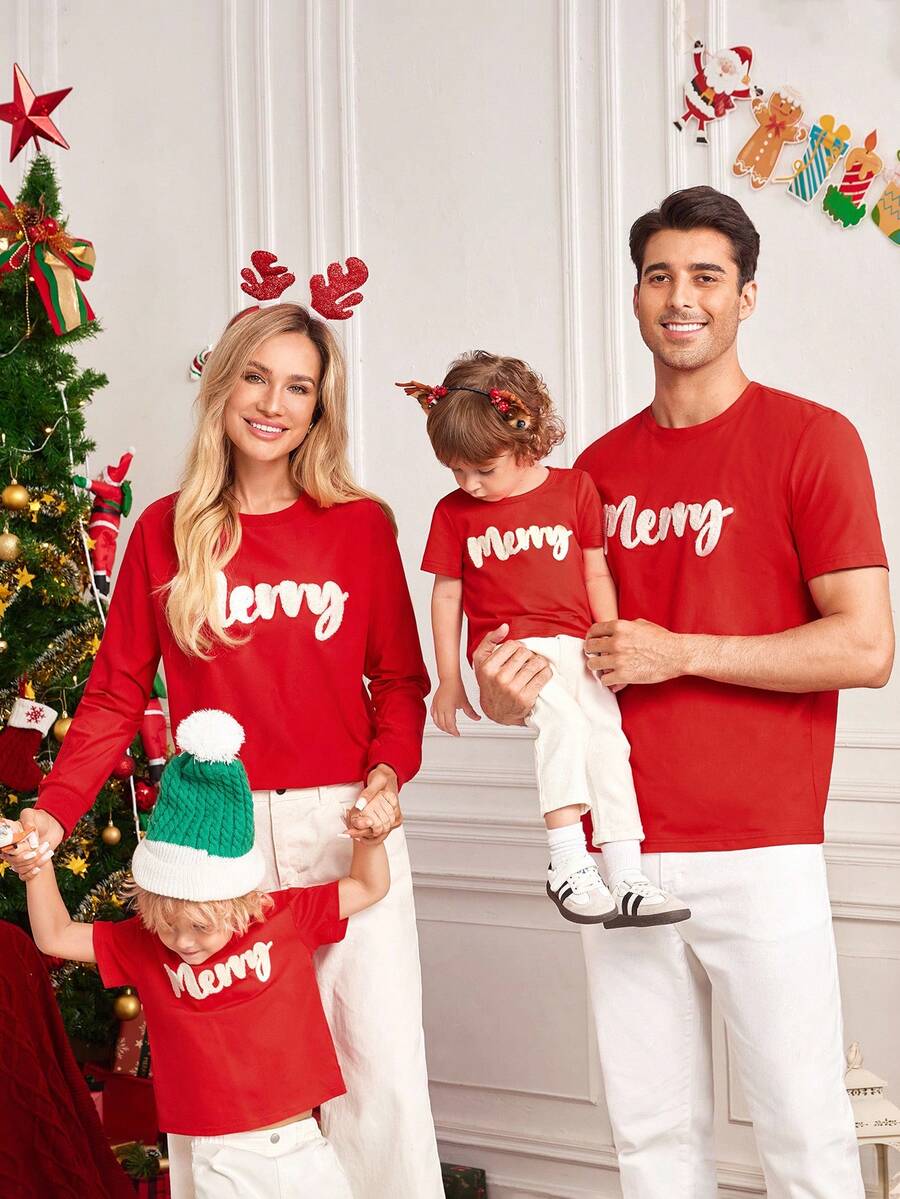 Manfinity RelaxMax Men's Christmas Letter Embroidery Short Sleeve T-Shirt - Red - View 1