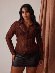 Rustia Plus Size Autumn New Slim Fit Solid Color Cardigan Top - Brown - View 3