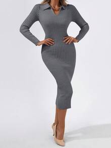 Cloudara Solid Ribbed Knit Bodycon Sweater Dress - Grey - View 6