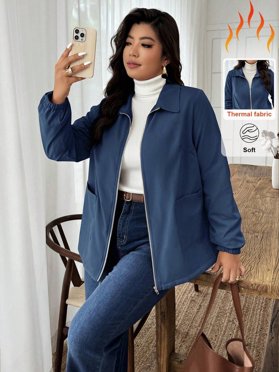 EMERY ROSE Plus Size Women Solid Color Long Sleeve Zip-Up Casual Fleece Jacket, Autumn Winter - Navy Blue - View 1