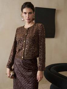 Arave 女式休闲圆领亮片装饰长袖针织夹克，适合工作和休闲，春秋季 - 咖啡棕 - 查看 2