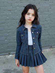 Tween Girls Denim Suit, New Arrival For Autumn/Winter, Deep Blue Denim, Vintage Y2K Outdoor Casual Design, Pleated Skirt With Elastic Waist, Loose Fit Short Skirt, Long Sleeve Fitted Jacket, Essential For Daily, Outdoor, Travel, Party, School Wear - Dark Wash - View 4