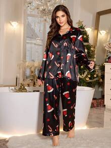 MuseNap CURVE Plus Size Funny Christmas Faux Silk Printed Lapel Top & Pants Pajama Set, Suitable For Loungewear & Outerwear Fall Winter Clothes - Black - View 3