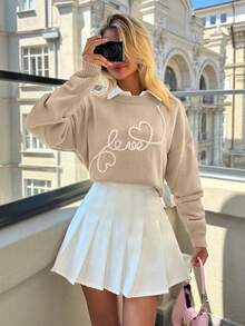 EURMUSE Casual Contrast Color Love And Heart Shape Pattern Embroidery Crew Neck Cute Sweater - Beige - View 6