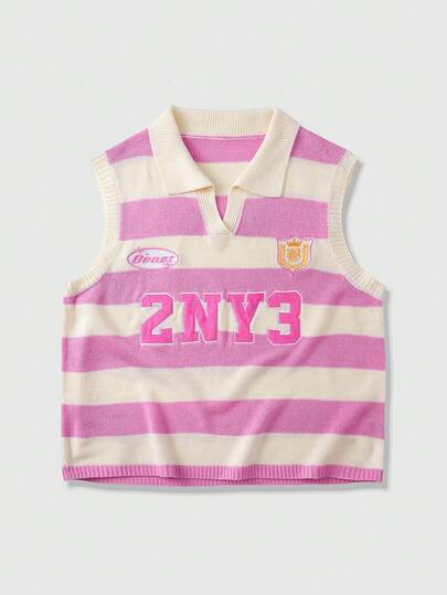 Street Life Herren Pullunder mit Buchstaben-Stickerei, Farbblockstreifen-Muster, gestrickt