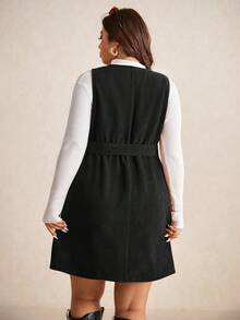 Elaquor Autumn Casual College Style Corduroy Fabric Removable Waistband Pockets Vintage Dress Plus Size Women Overall Brown Fall Dress,Winter Clothes