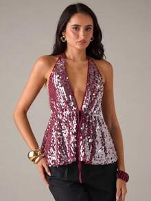 SHEIN BAE Sexy Backless Sequin Halter Neck Top, Suitable For Nightclub, Party, Date Night, Elegant Women's Autumn/Winter Tops, Y2K Sparkling Christmas Party Women Top, Holiday Party Top, Thanksgiving/Sexy, Club - Burgundy - View 5