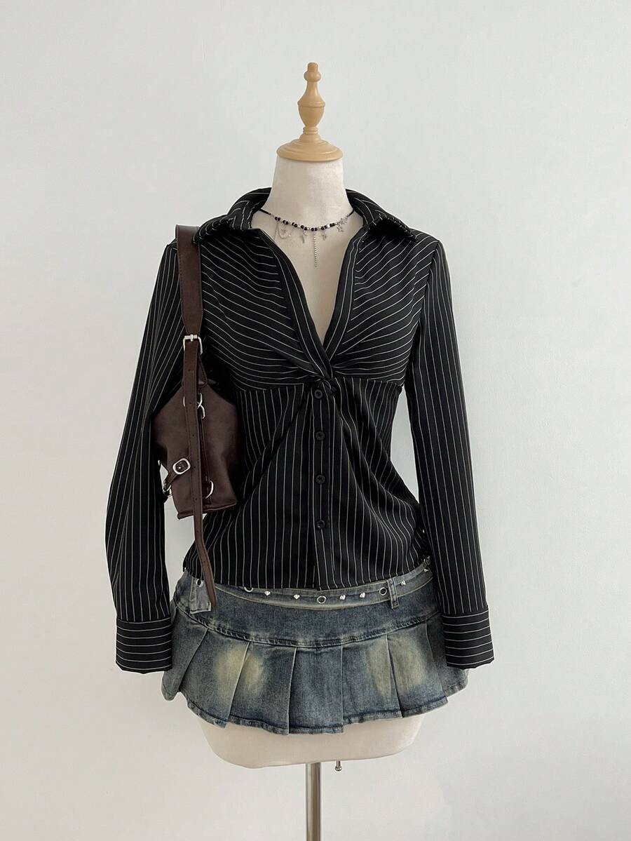 Elamini 1 件黑色 V 领纽扣条纹长袖休闲性感修身女式衬衫，适合通勤和日常穿着，冬季 - 黑色 - 查看 1