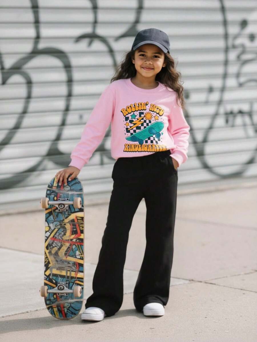 SHEIN Explorewe 2pcs Girls Rainbow Letter Print Crew Neck Long Sleeve Sweatshirt And Brown Flare Pants Set, Fashionable Casual Outfit For Spring/Autumn Fall Winter - Pink - View 1