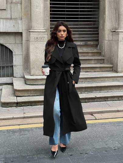 Firerie 女士优雅休闲通勤办公室时尚海军蓝长袖双排扣口袋收腰长款风衣夹克，秋季