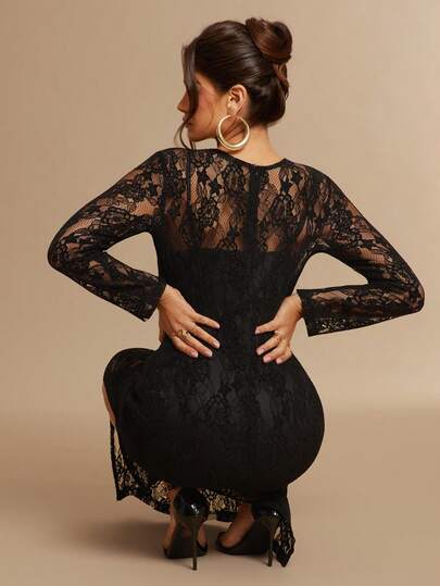 Silquee Autumn And Winter Women's Round Neck Long Sleeve Lace Slim Elegant Dress And Spaghetti Strap Elegant Dress 2 Piece Set Lace Maxi Dress Black See-Through Dress Long Sleeve Black Dress Elegant Party Daily Date, Party, Halloween, Christmas Date/Outing/Nightclub Party/Party Wear, Elegant Party Daily Date