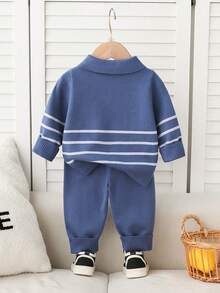 Souflis Souflis Toddler Boys' Casual Cute Striped Knit Sweater Long Sleeve Set, Autumn/Winter Autumn And Winter Two Piece Suit Blue Vintage Baby Boy Outfit Sapphire Suit For Baby Boy Knitted Baby Boy Blue Outfit Longsleeve Baby Boy Winter Clothes Long Sleeve Baby Boy Knitted Set Baby Outfits Unisex For Fall Baby Boy Clothes Long Sleeve Neutral Baby Clothes Baby Knit Outfit Knit Two Piece Toddler Baby Sweater Set Baby Boy Sweater Set Winter Baby Outfits - Dusty Blue - View 2