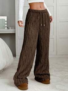 SHEIN EZwear 女款咖啡棕色高腰抽绳宽松阔腿休闲裤，秋冬 - 咖啡棕 - 查看 3