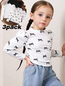 SHEIN 3pcs/Set Young Girls Puff Sleeve Long Sleeve T-Shirt,Casual Basic Stand Collar Heart Bow Print Tops For White Autumn School Back-To-School,Tween Shirt - Multicolor - View 9