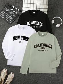 SHEIN Vacaura 3pcs Teenage Boys' Loose Fit Long Sleeve T-Shirts With Los Angeles, California, New York Slogan Prints, Black, White, Green, Casual, Fashionable, Suitable For Travel, Daily, Home, Party, Sports Wear - Multicolor - View 5